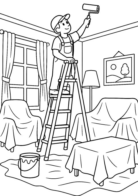 Schilder op de ladder in de woonkamer als kleurplaat – kleurplaat om af te drukken