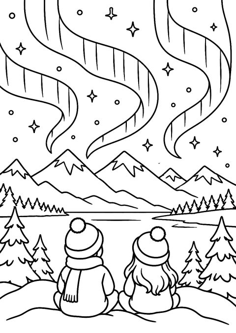 Auroras boreales sobre las montañas para colorear – dibujo para colorear e imprimir