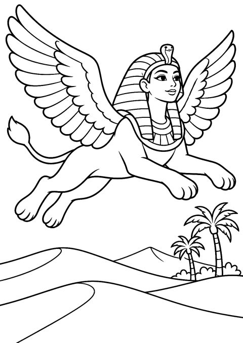 Çölün Üzerinde Uçan Sfenks Boyama Sayfası – yazdırılabilir boyama sayfası