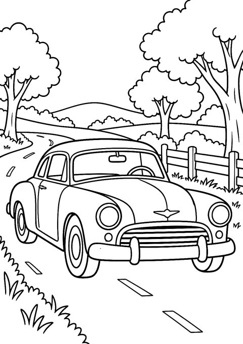 Oldtimer op landweg – kleurplaat – kleurplaat om af te drukken