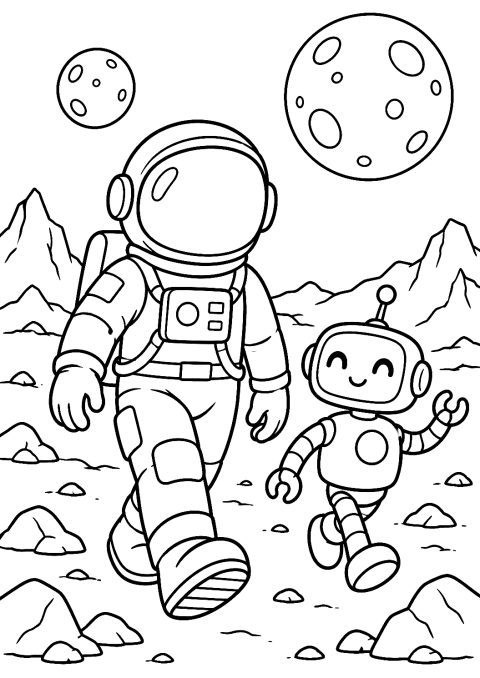 Astronaut s robotem na cizí planetě jako omalovánka – omalovánka k vytisknutí