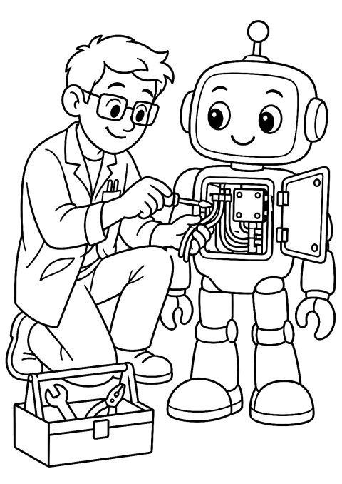 Electrical Engineer Fixing a Robot Coloring Page – printable coloring page