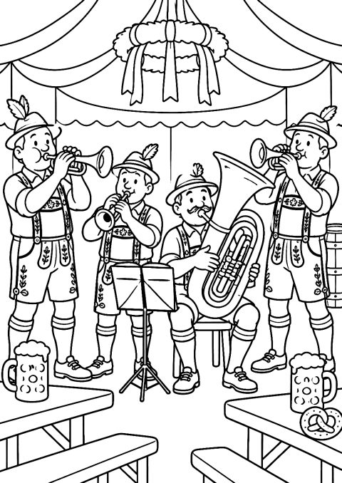 Banda de Música na Tenda da Cerveja para Colorir – desenho para colorir para imprimir