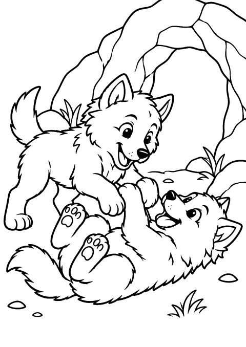 Wolf Pups Playing in the Den Coloring Page – printable coloring page
