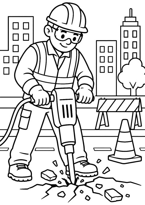 Ouvrier du Bâtiment avec Marteau-Piqueur sur la Route à Colorier – coloriage à imprimer