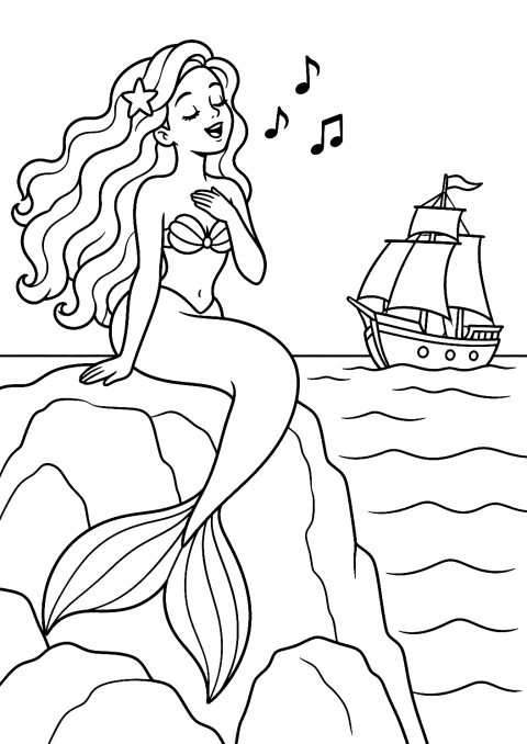 Sirene lockt ein Schiff als Malvorlage – Ausmalbild zum Ausdrucken