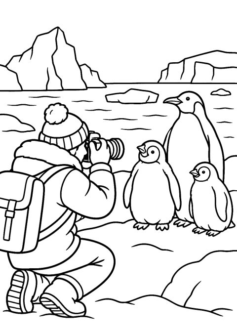 Fotografin im Schnee mit Pinguinen als Malvorlage – Ausmalbild zum Ausdrucken