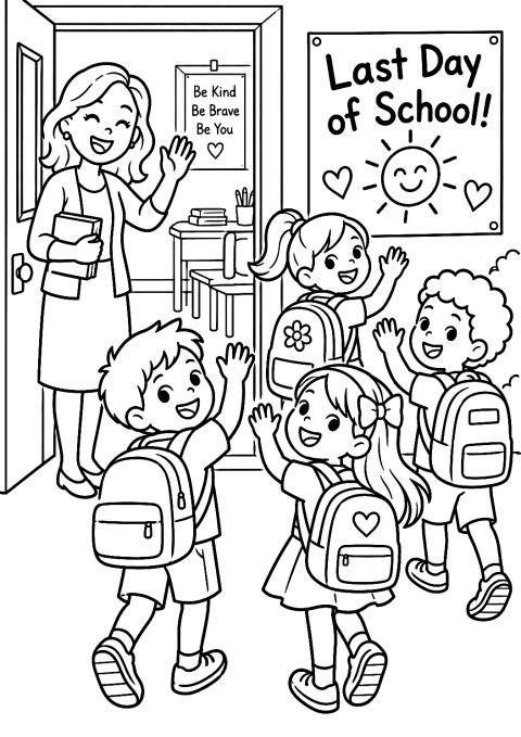 Abschied vom Lehrer am letzten Schultag als Malvorlage – Ausmalbild zum Ausdrucken