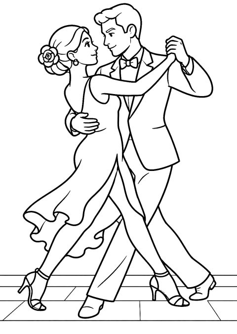Pár tančící tango jako omalovánka – omalovánka k vytisknutí