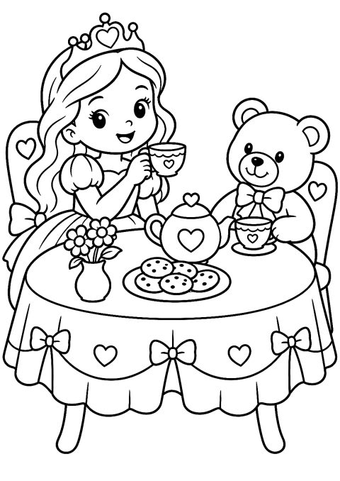 Petite Princesse à l'Heure du Thé à Colorier – coloriage à imprimer