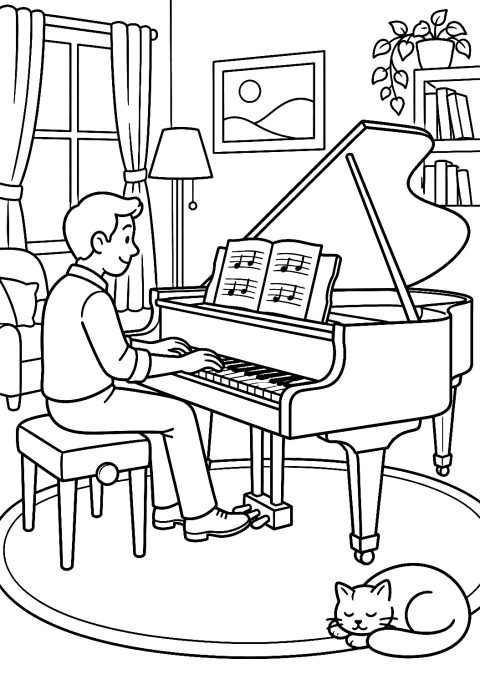 Pianist ved flygel i stuen som malebog – malebog til udskrivning