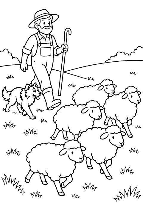 Farmer Herding Sheep with His Dog Coloring Page – printable coloring page