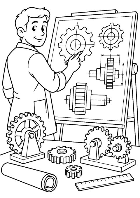 Engineer at the Drawing Board with Gears Coloring Page – printable coloring page