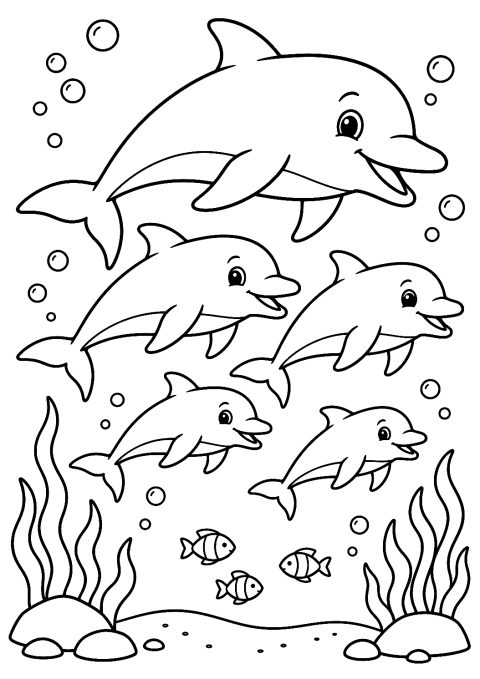 Página para colorear de un grupo de delfines – dibujo para colorear e imprimir