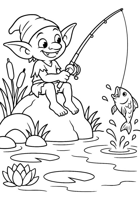 Little Goblin Fishing Coloring Page – printable coloring page