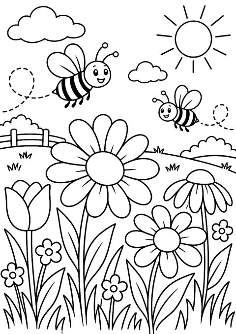 Prado Florido com Abelhas para Colorir – desenho para colorir para imprimir