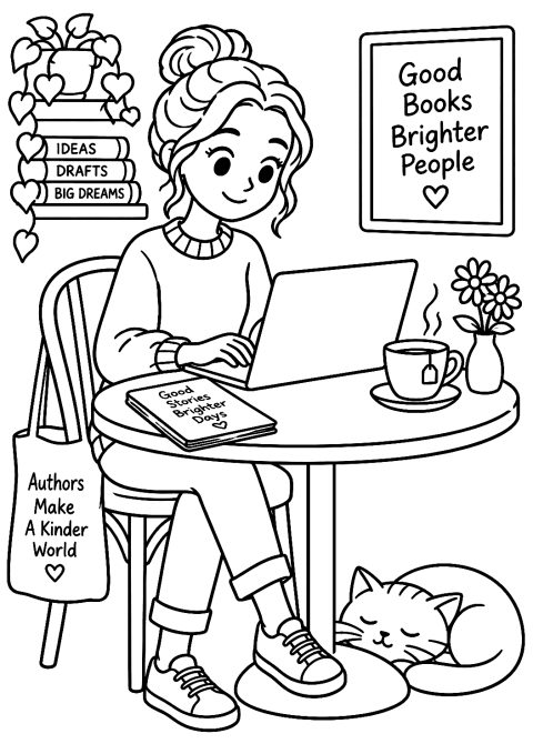 Author with Laptop in a Café Coloring Page – printable coloring page
