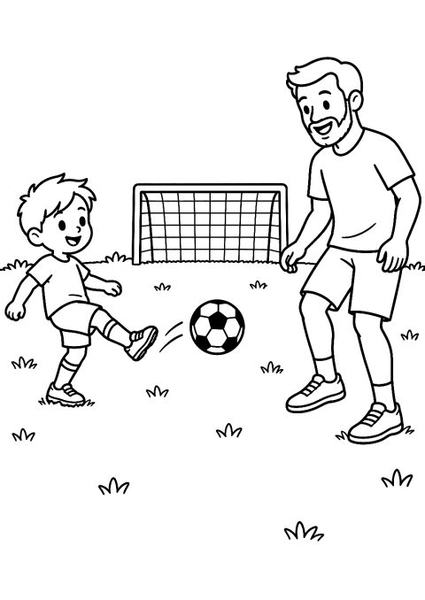 Padre e hijo jugando al fútbol para colorear – dibujo para colorear e imprimir