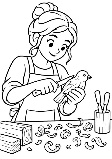 Escultora Tallando una Figura de Madera para Colorear – dibujo para colorear e imprimir
