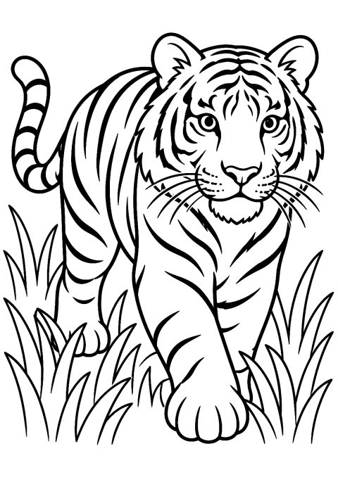Tiger im Gras als Malvorlage – Ausmalbild zum Ausdrucken