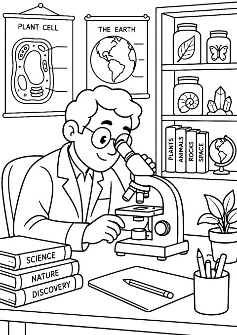 Científica con Microscopio en el Aula para Colorear – dibujo para colorear e imprimir