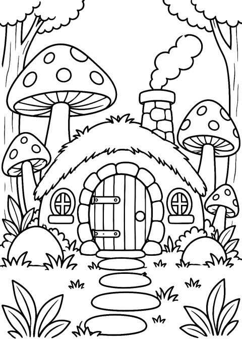 Zwergenhaus im Wald als Malvorlage – Ausmalbild zum Ausdrucken