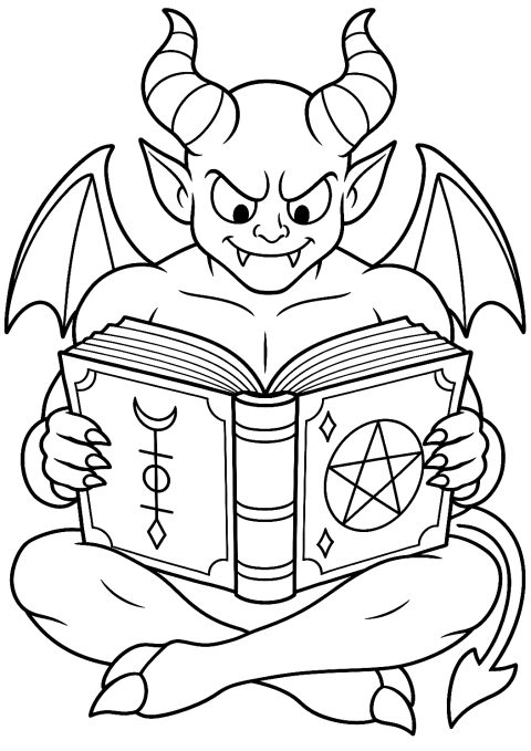 Dämon mit Buch der Zauber als Malvorlage – Ausmalbild zum Ausdrucken