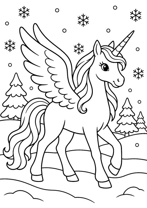 Einhorn mit Flügeln im Schnee als Malvorlage – Ausmalbild zum Ausdrucken