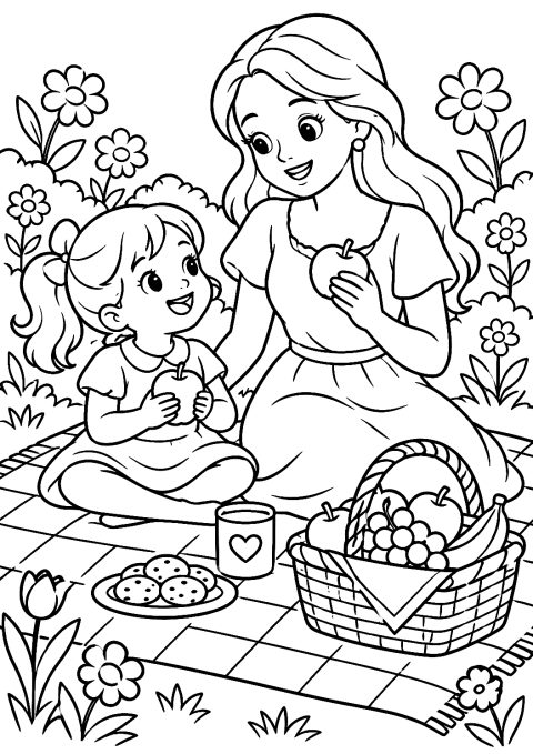 Picknick mit Mama im Garten als Malvorlage – Ausmalbild zum Ausdrucken