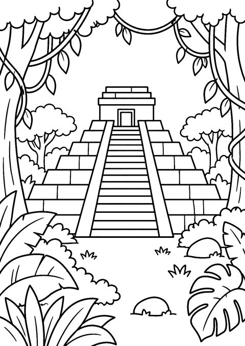 Piramide nella Giungla da Colorare – disegno da colorare da stampare