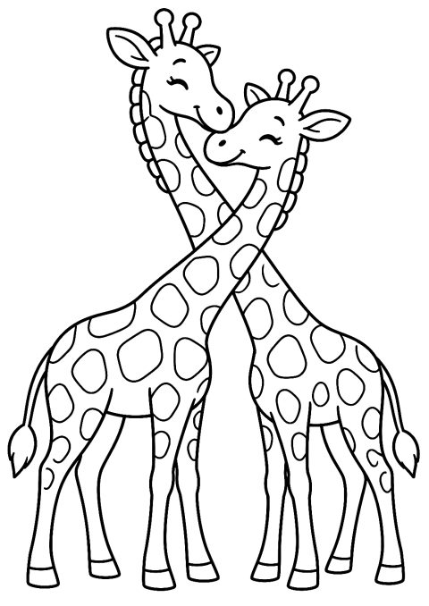 Zwei Giraffen kuscheln mit den Hälsen als Malvorlage – Ausmalbild zum Ausdrucken
