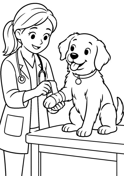 Veterinářka obvazuje tlapku psa jako omalovánka – omalovánka k vytisknutí