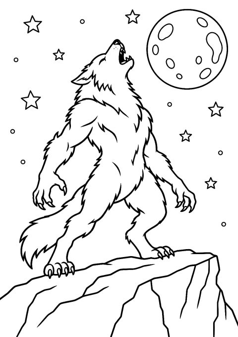 Loup-garou hurlant sur un rocher à colorier – coloriage à imprimer