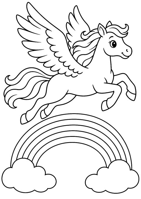 Flyvende Pegasus over en regnbue som malebillede – malebog til udskrivning