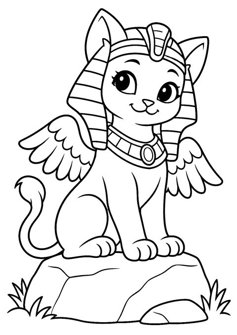 Kleine Sphinx-Katze mit Flügeln als Malvorlage – Ausmalbild zum Ausdrucken