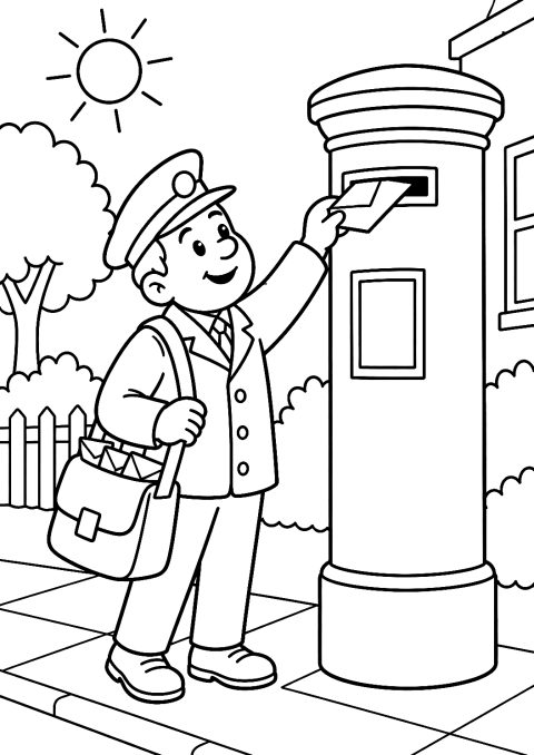 Mail Carrier Puts Letter in the Mailbox Coloring Page – printable coloring page