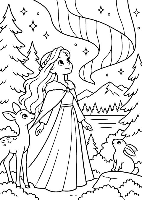 Auroras Boreales en el Bosque para Colorear – dibujo para colorear e imprimir