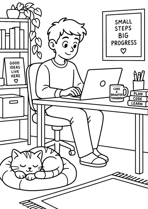 Programador en teletrabajo con gato para colorear – dibujo para colorear e imprimir