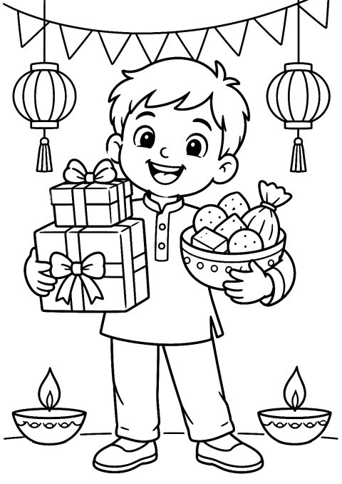 Bambino con regali per la festa da colorare – disegno da colorare da stampare