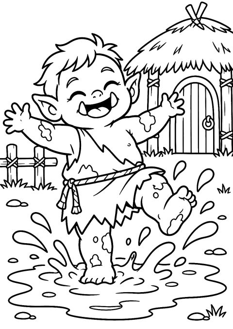 Petit orc jouant dans la boue à colorier – coloriage à imprimer