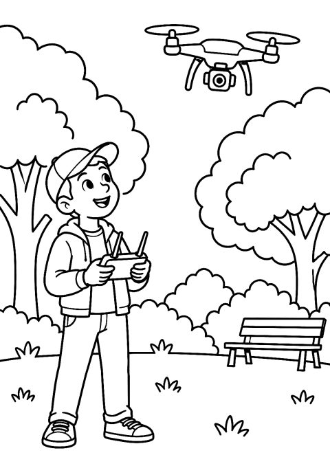 Photographe avec drone dans le parc à colorier – coloriage à imprimer