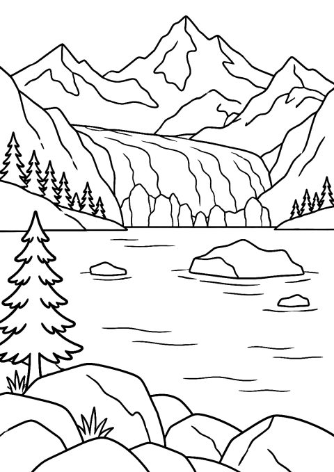 Gletschersee als Malvorlage – Ausmalbild zum Ausdrucken