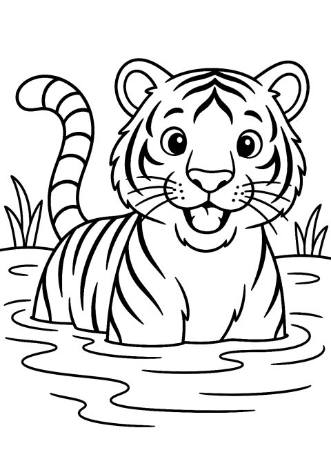 Tiger i vand som malebogsside – malebog til udskrivning