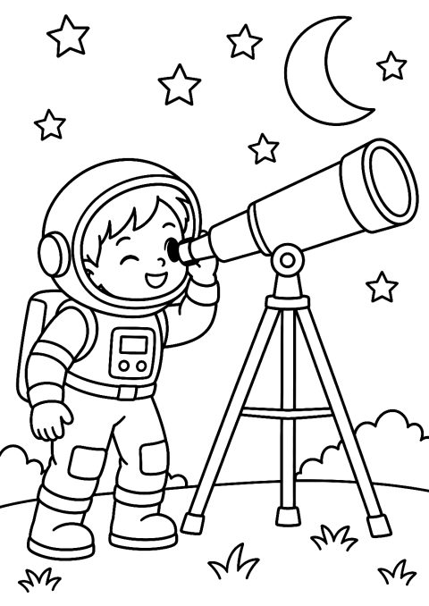 Astronauta infantil con telescopio para colorear – dibujo para colorear e imprimir