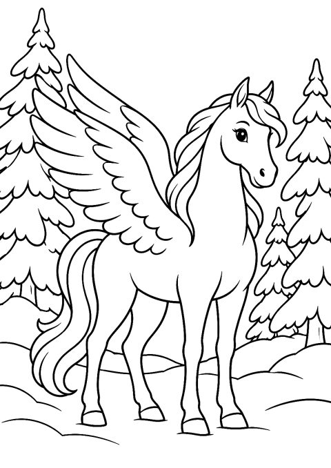 Pegasus im Winterwald als Malvorlage – Ausmalbild zum Ausdrucken