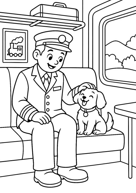 Contrôleur de Train avec un Petit Chien dans le Compartiment à Colorier – coloriage à imprimer