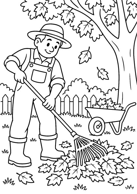 Κηπουρός το φθινόπωρο μαζεύει φύλλα ως σελίδα ζωγραφικής – σελίδα ζωγραφικής για εκτύπωση