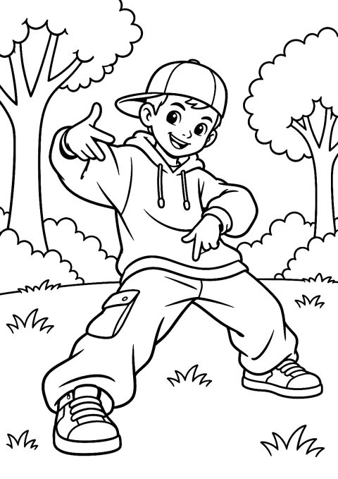 Hiphopdanser in het park als kleurplaat – kleurplaat om af te drukken