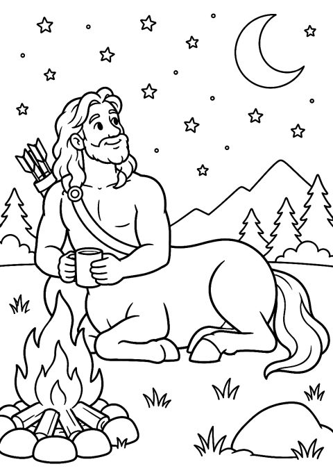 Centaur bij het kampvuur als kleurplaat – kleurplaat om af te drukken