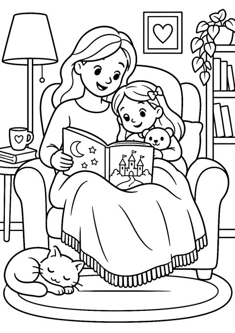 Mamma Legge un Libro al Suo Bambino da Colorare – disegno da colorare da stampare